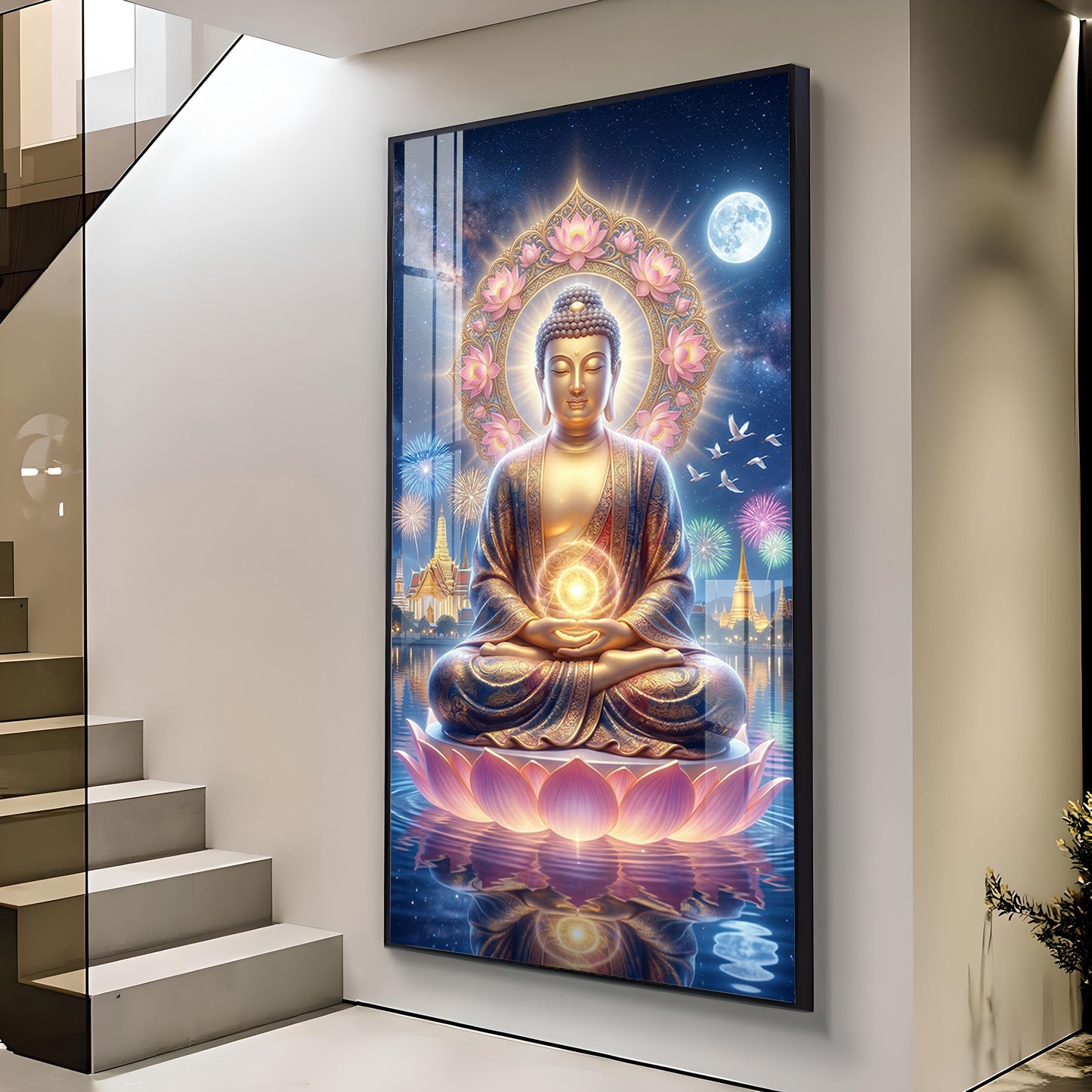 Namo Buddhay Glass Finish Vertical Wall Art