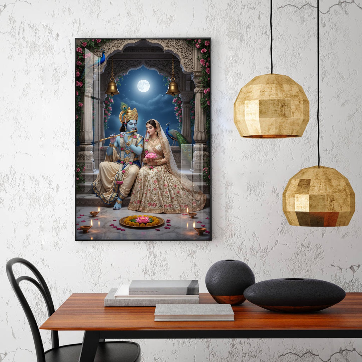 Hindu Deities Radha & Krishna Glass Finish Vertical Wall Art