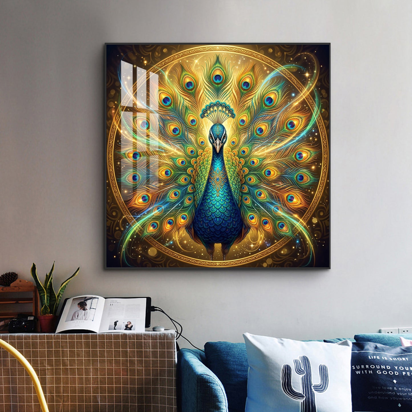 Style Peacock Glass Finish Square Wall Art