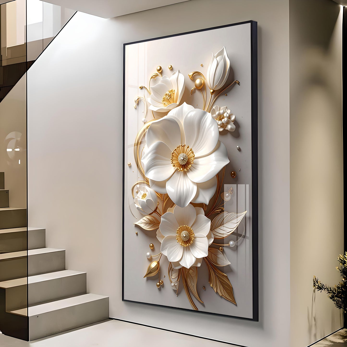 Luxe Petal Harmony Glass Finish Vertical Wall Art