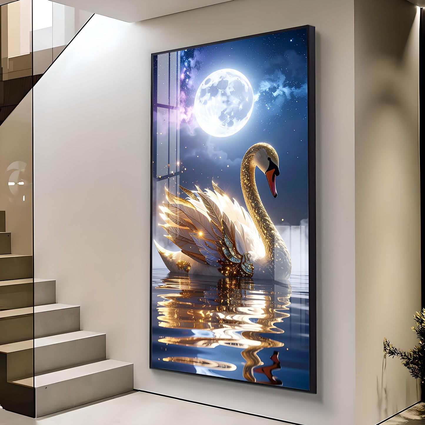 Majestic swan with feathers Glass Finish Vertical Wall Art