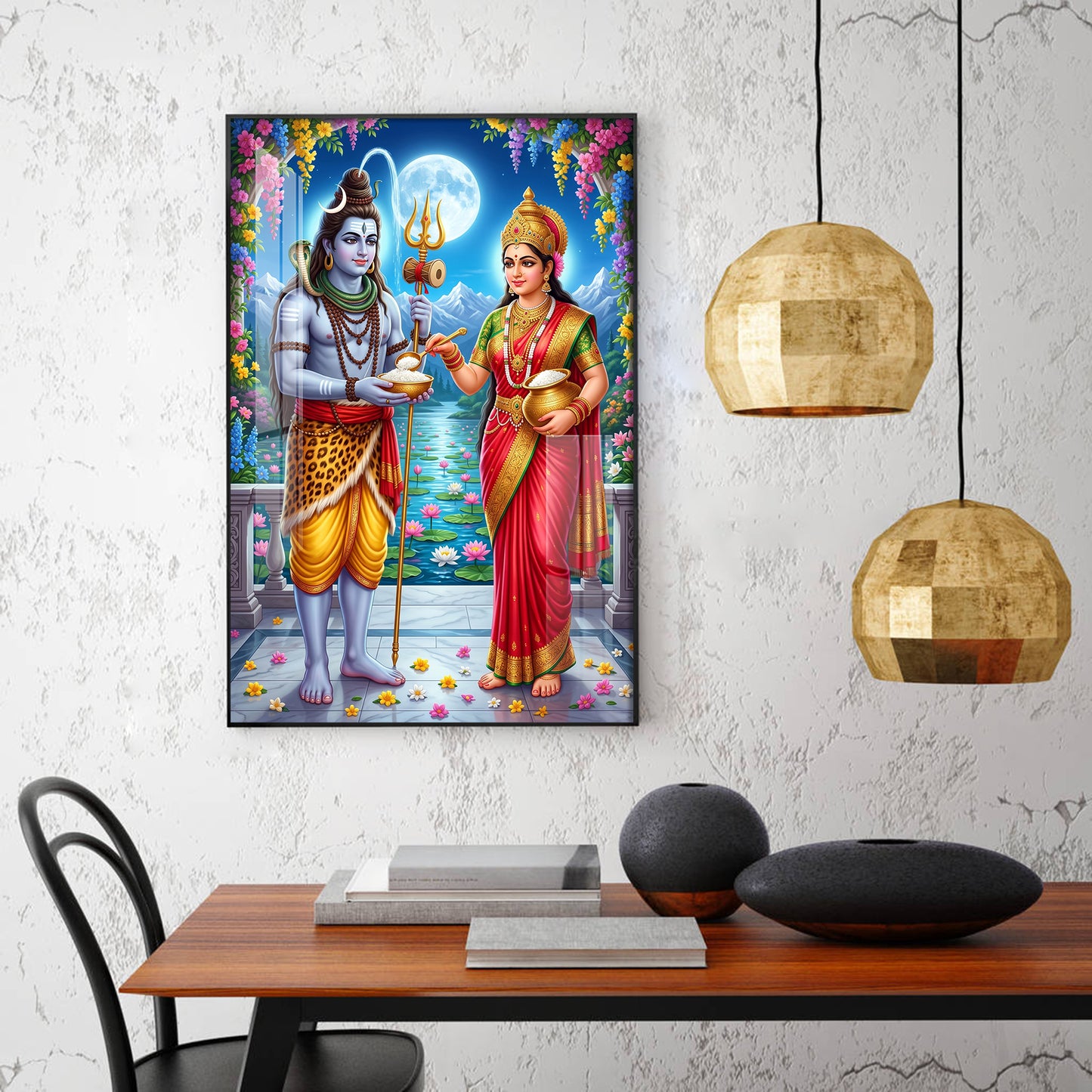 Annapurna Devi Offering Food To Lord Shiva Glass Finish Vertical Wall Art