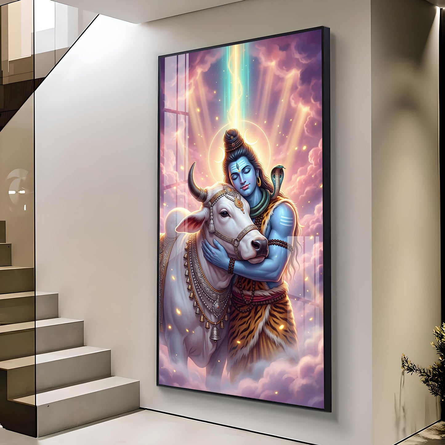 Lord Shiva and Nandi Glass Finish Vertical Wall Art