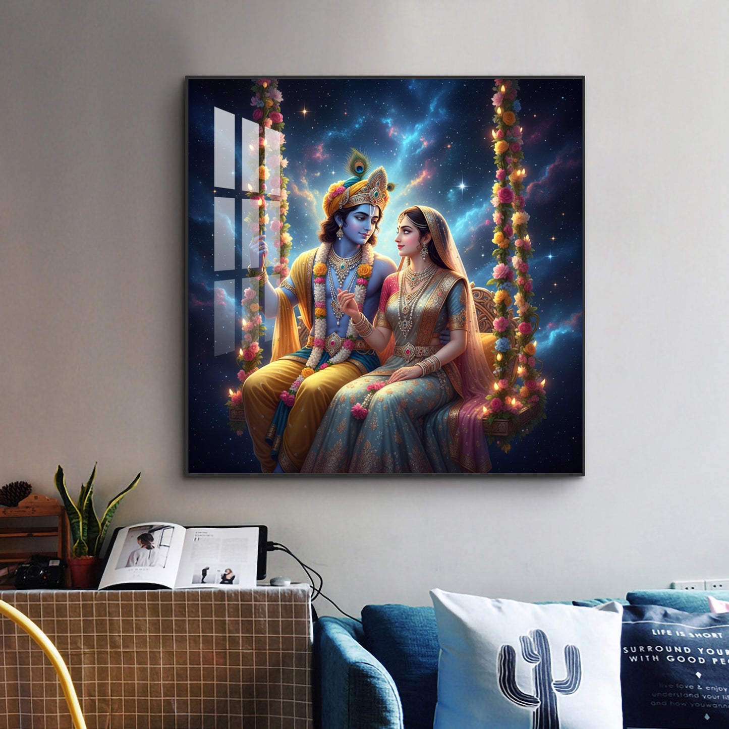 God Radha Krishna Glass Finish Square Wall Art