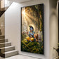Lord Krishna Playing Flute In Garden Glass Finish Vertical Wall Art