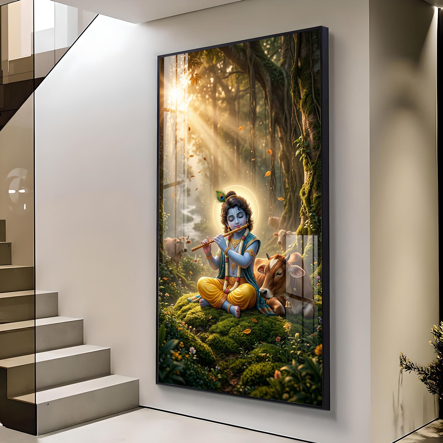 Lord Krishna Playing Flute In Garden Glass Finish Vertical Wall Art