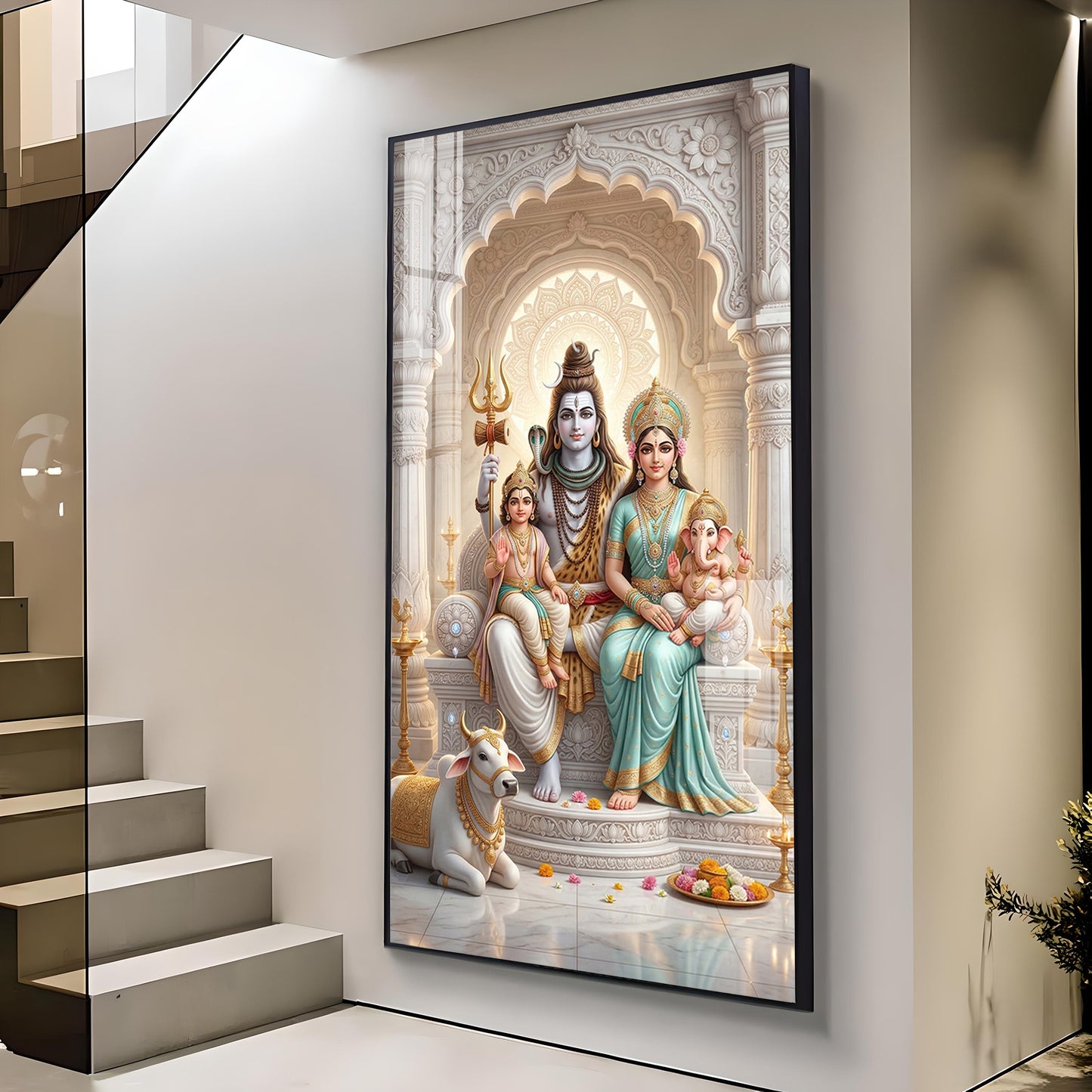 Shiva Parivar Glass Finish Vertical Wall Art