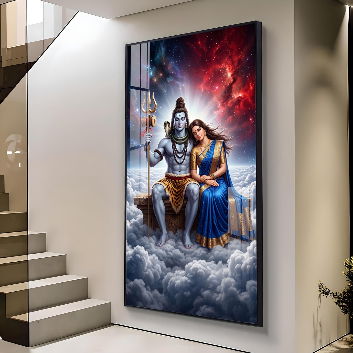 Hindu Deities Shiva & Parvati Glass Finish Vertical Wall Art