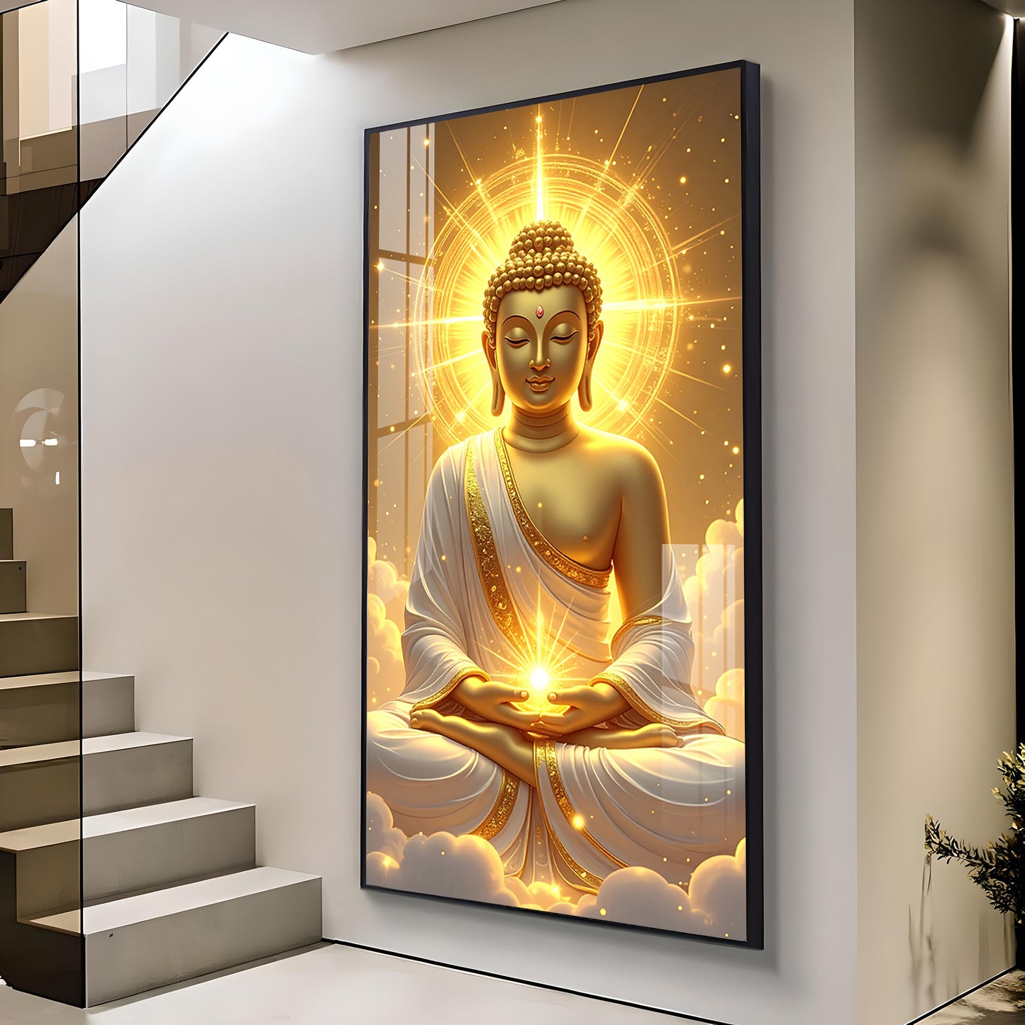 Golden Serenity Buddha Glass Finish Vertical Wall Art