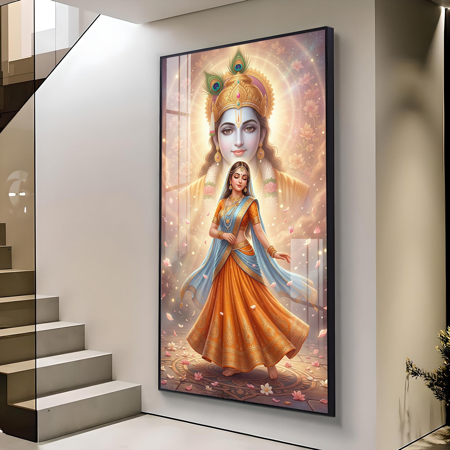 Radha With Shri Krishna Glass Finish Vertical Wall Art