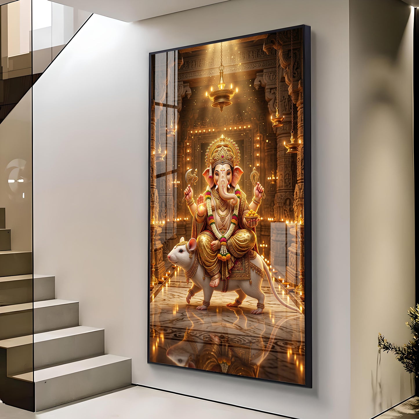 Ganesh Ji With Mushak Glass Finish Vertical Wall Art
