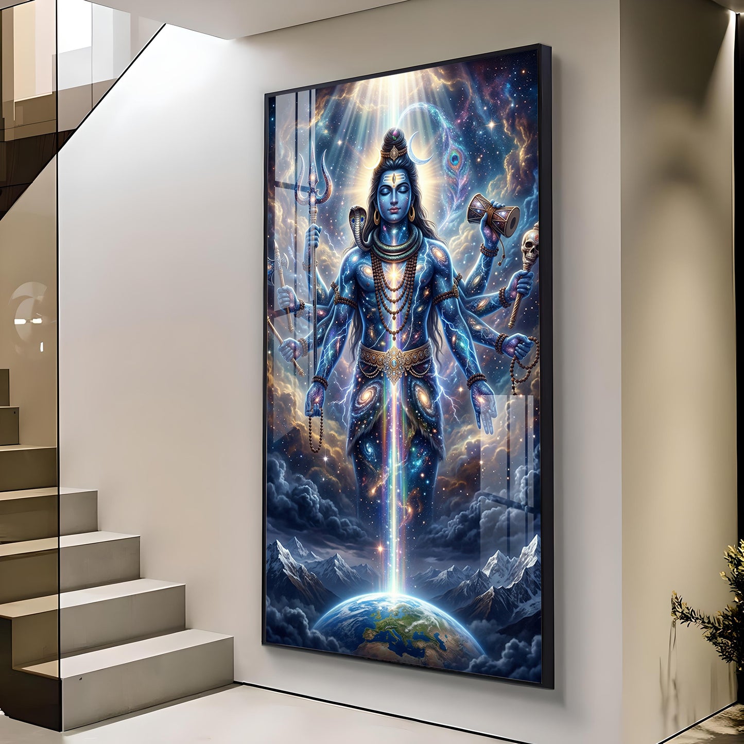 Lord Shiva and Cosmic Energy Glass Finish Vertical Wall Art