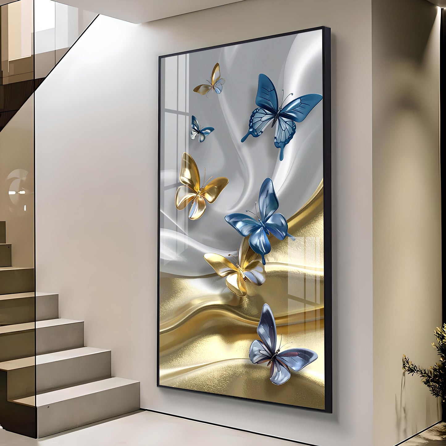 Radiant Butterfly Dance Glass Finish Vertical Wall Art