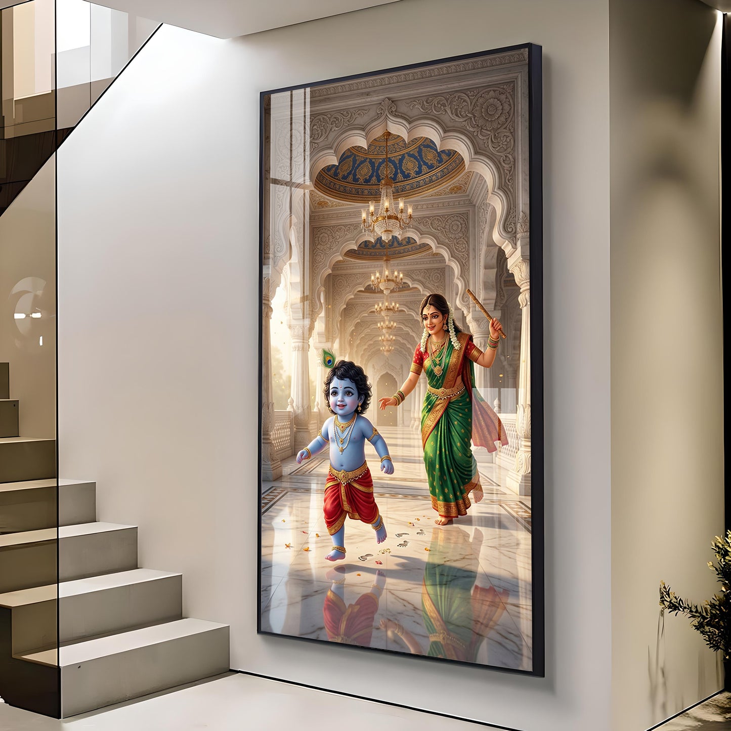 Little kanha With Maa Yashoda Glass Finish Vertical Wall Art