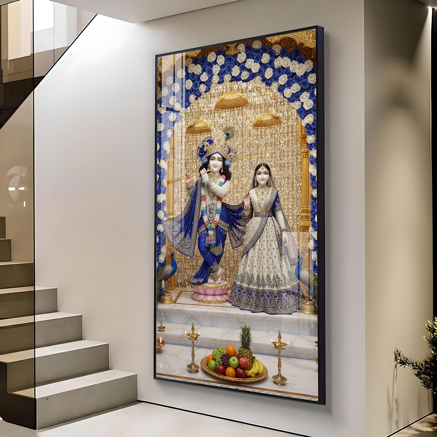 Deities Radha & Krishna Glass Finish Vertical Wall Art