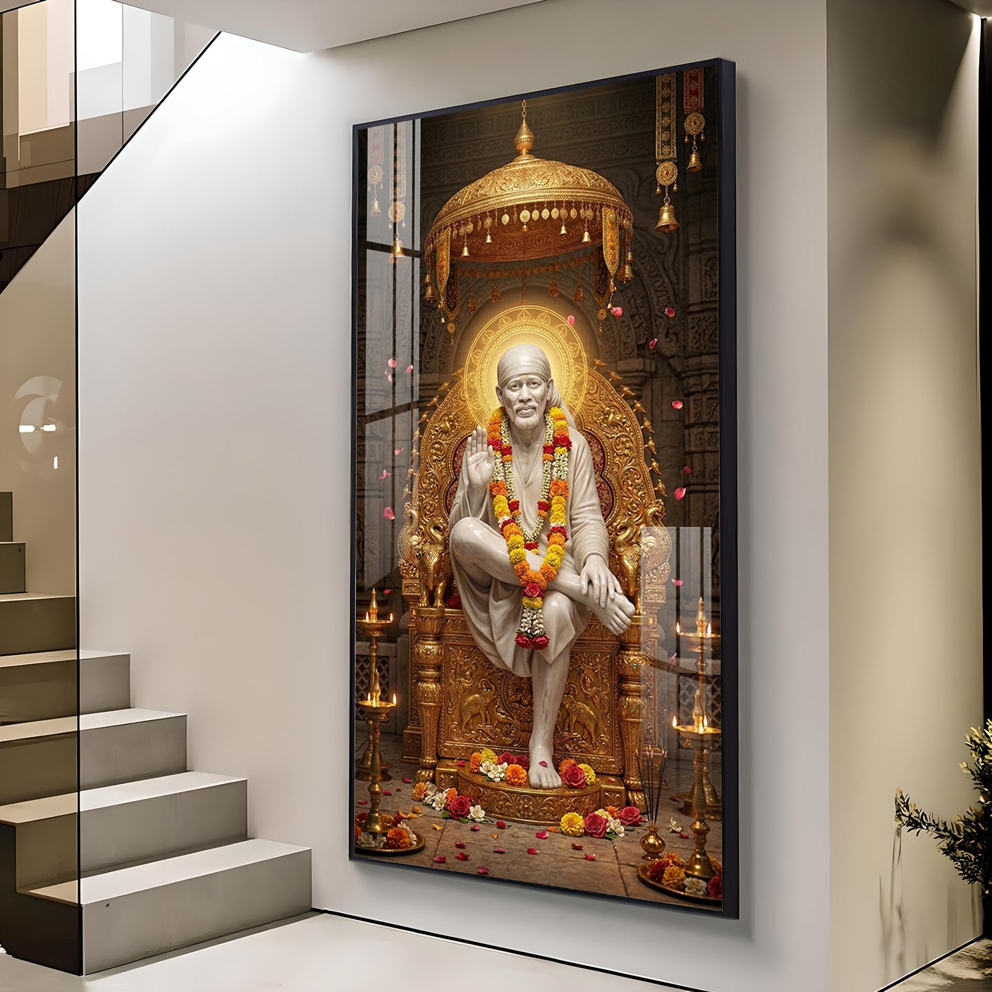 Sai Baba Darbar Glass Finish Vertical Wall Art