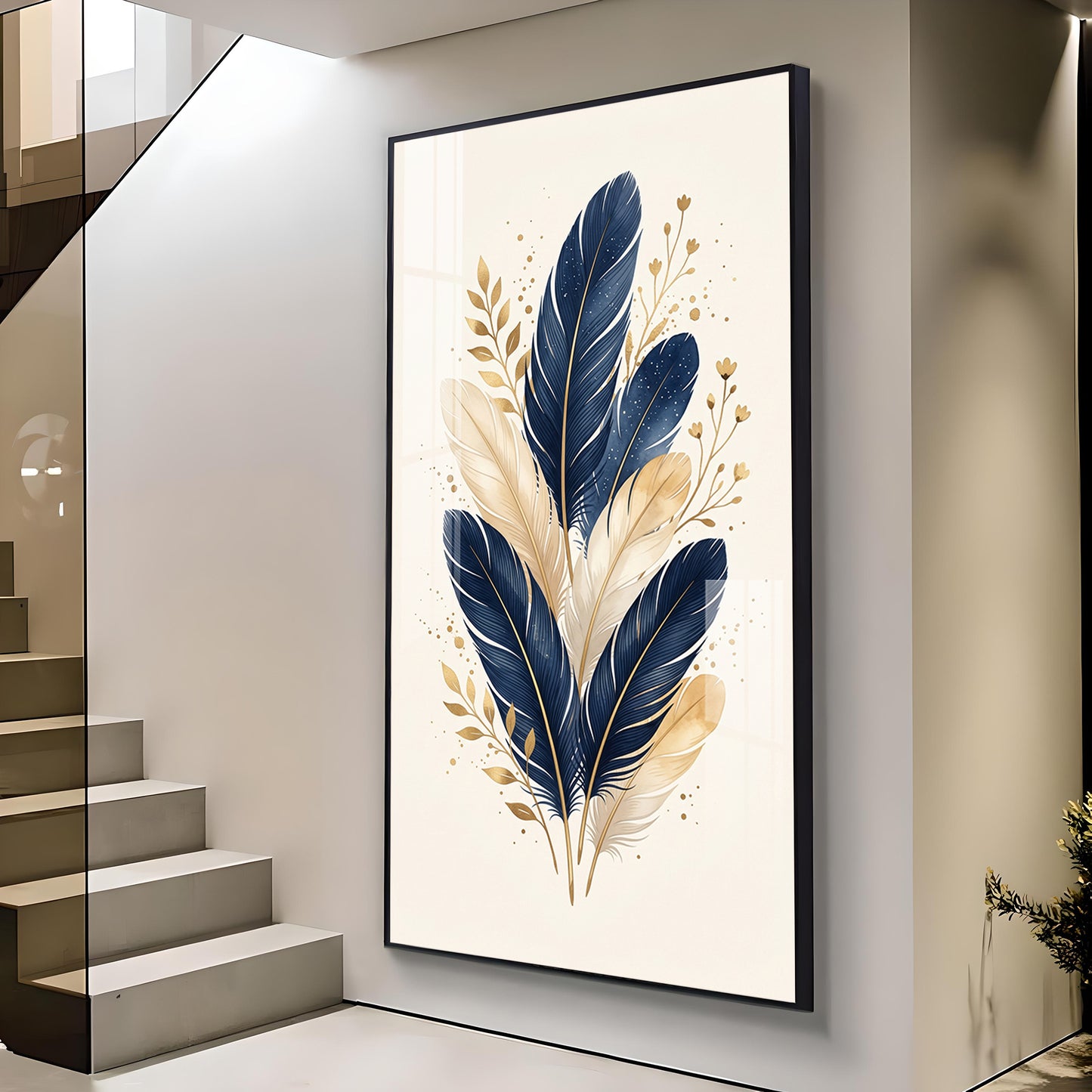Blue & Metallic Gold Feathers Glass Finish Vertical Wall Art
