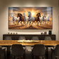 Running Horses In A Golden Sunset Glass Finish Horizontal Wall Art