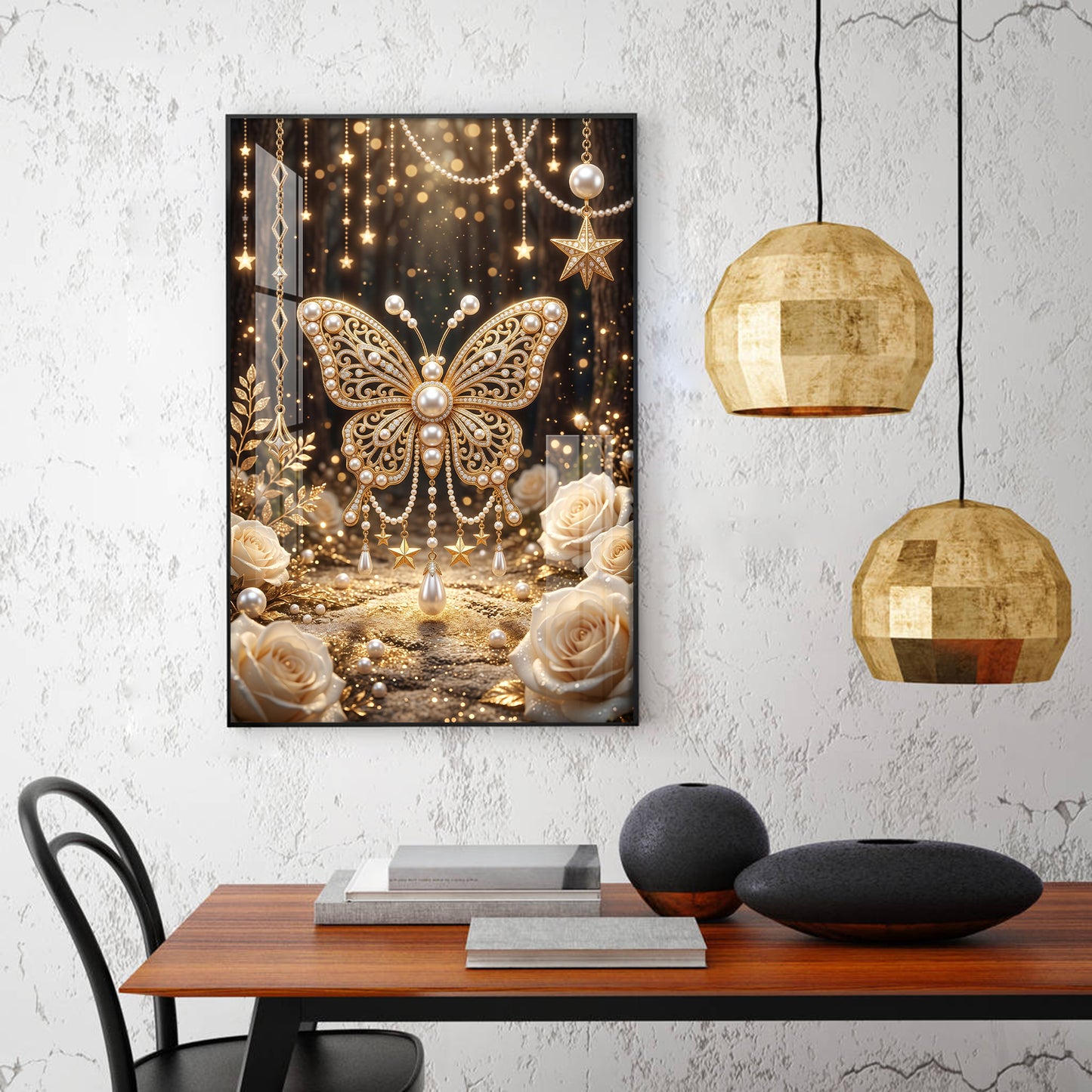 Golden Butterfly Embellished With Pearls Glass Finish Vertical Wall Art