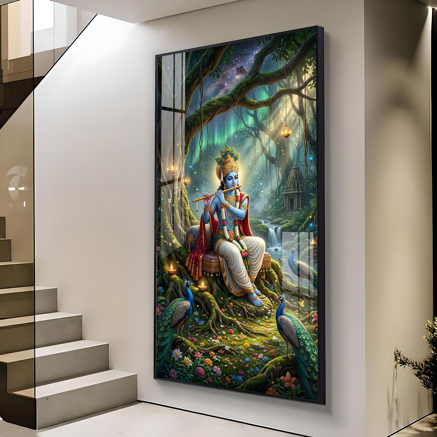 Shree Krishna With Flute Glass Finish Vertical Wall Art