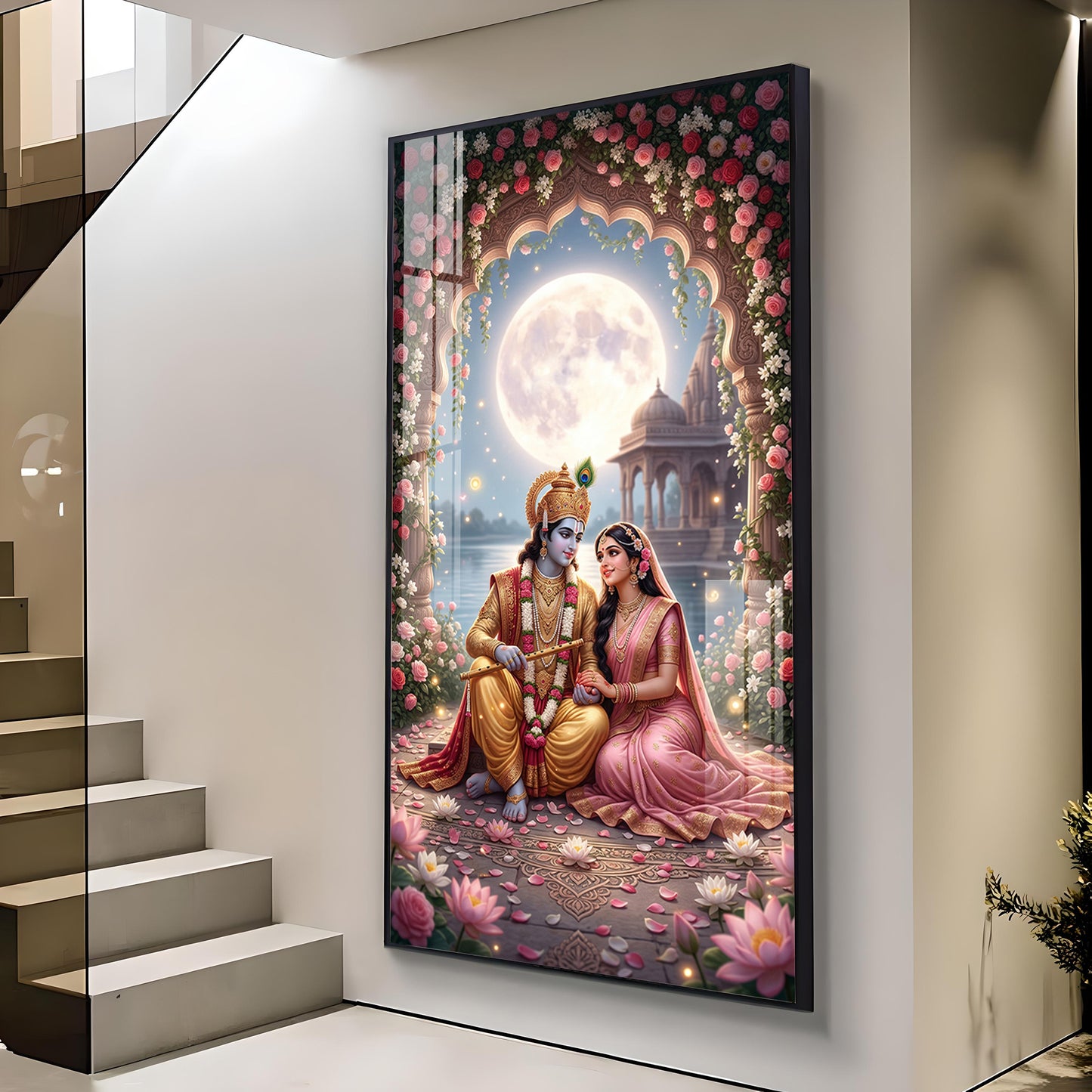 Religious Shri Radhe Krishna Glass Finish Vertical Wall Art