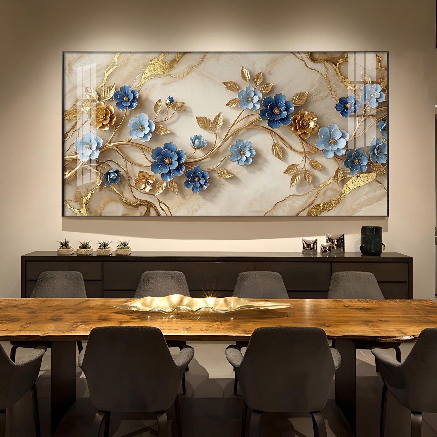 Elegant Blue Flower Glass Finish Horizontal Wall Art