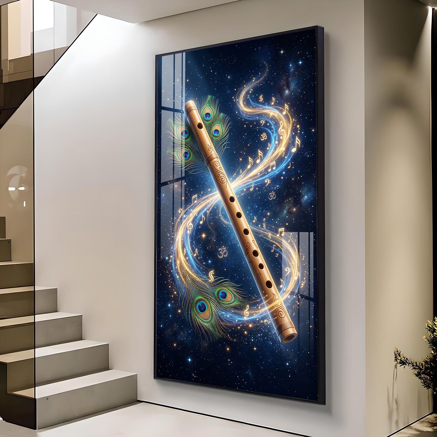 Flute With Peacock Feathers Glass Finish Vertical Wall Art
