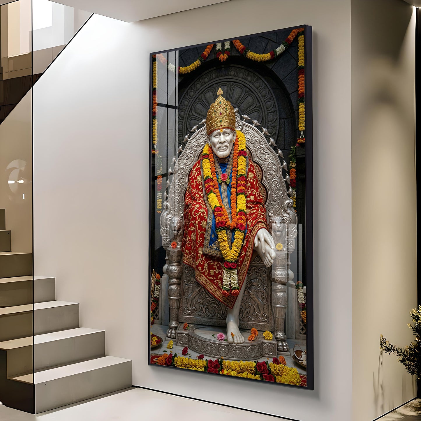 Sai Baba Blessings Glass Finish Vertical Wall Art