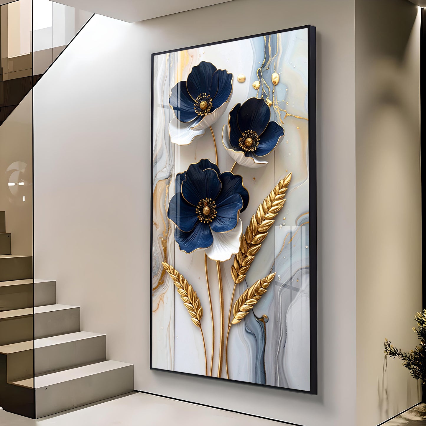 Blue & Gold Serenity Glass Finish Vertical Wall Art
