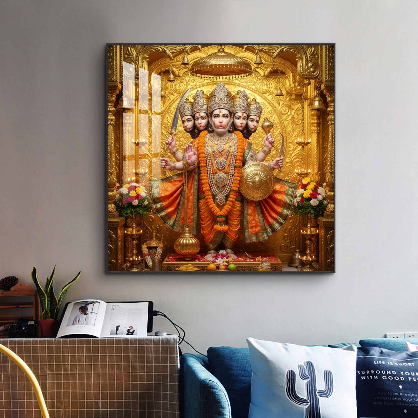 Panchmukhi Hanuman Ji Glass Finish Square Wall Art