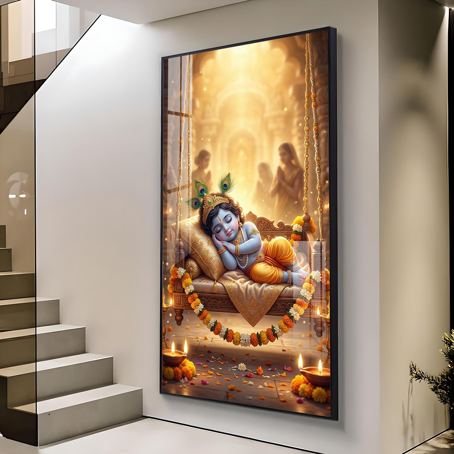 Sleeping Little Krishna Glass Finish Vertical Wall Art