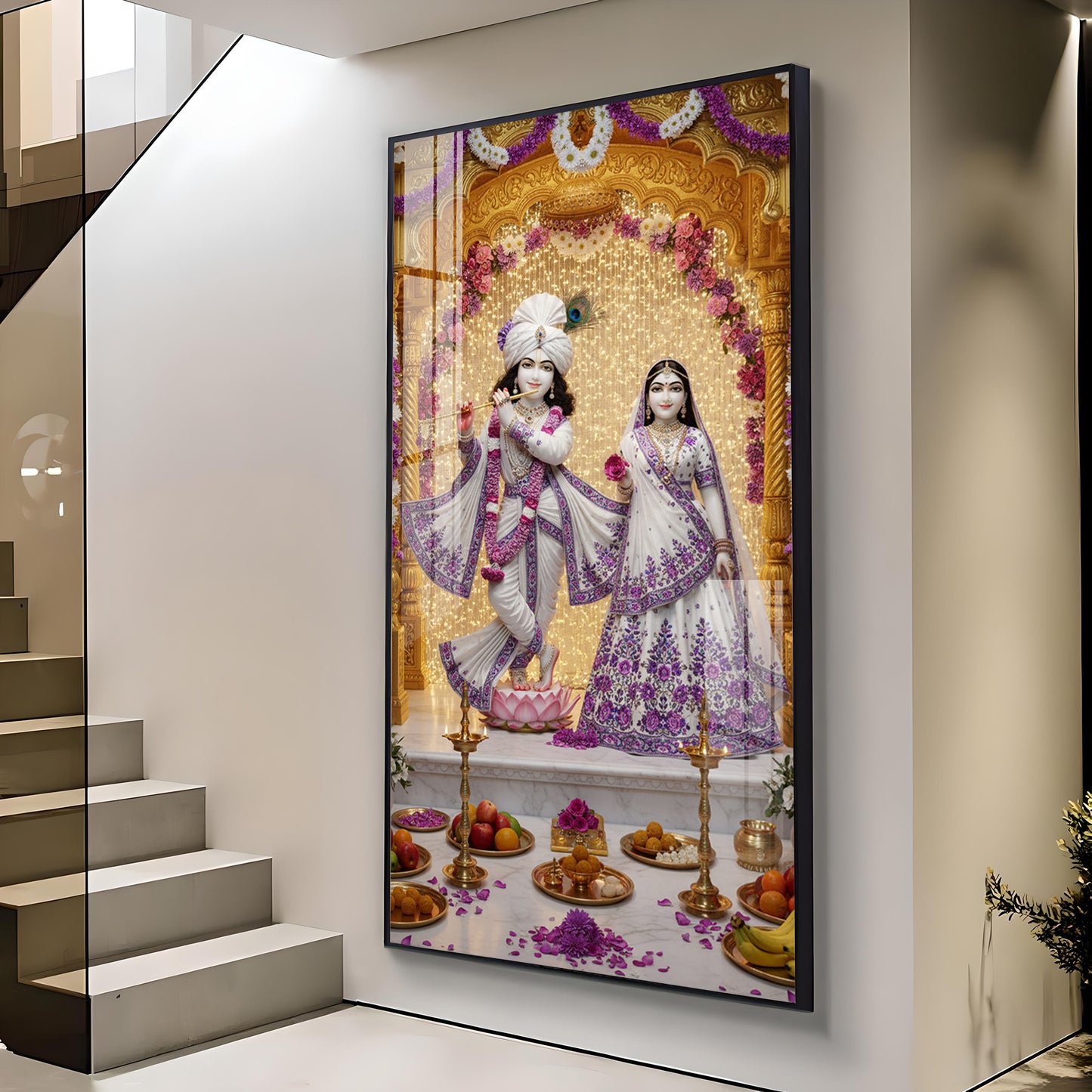 Depicting Radha & Krishna Glass Finish Vertical Wall Art