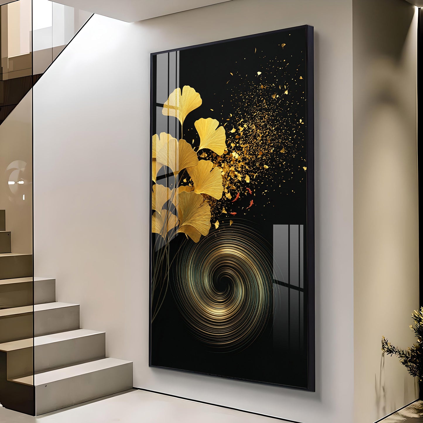 Gold Ginkgo Leaves Glass Finish Vertical Wall Art