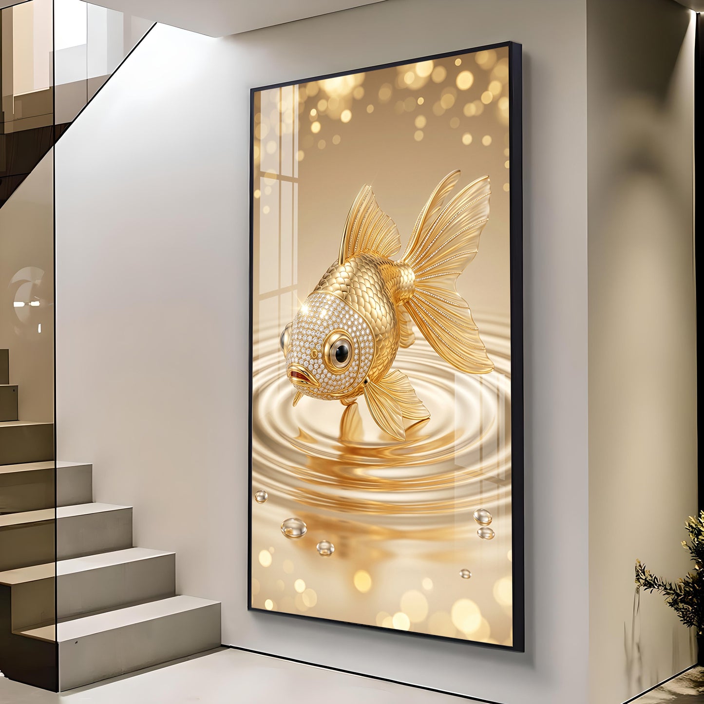 Lucky Golden Fish Glass Finish Vertical Wall Art