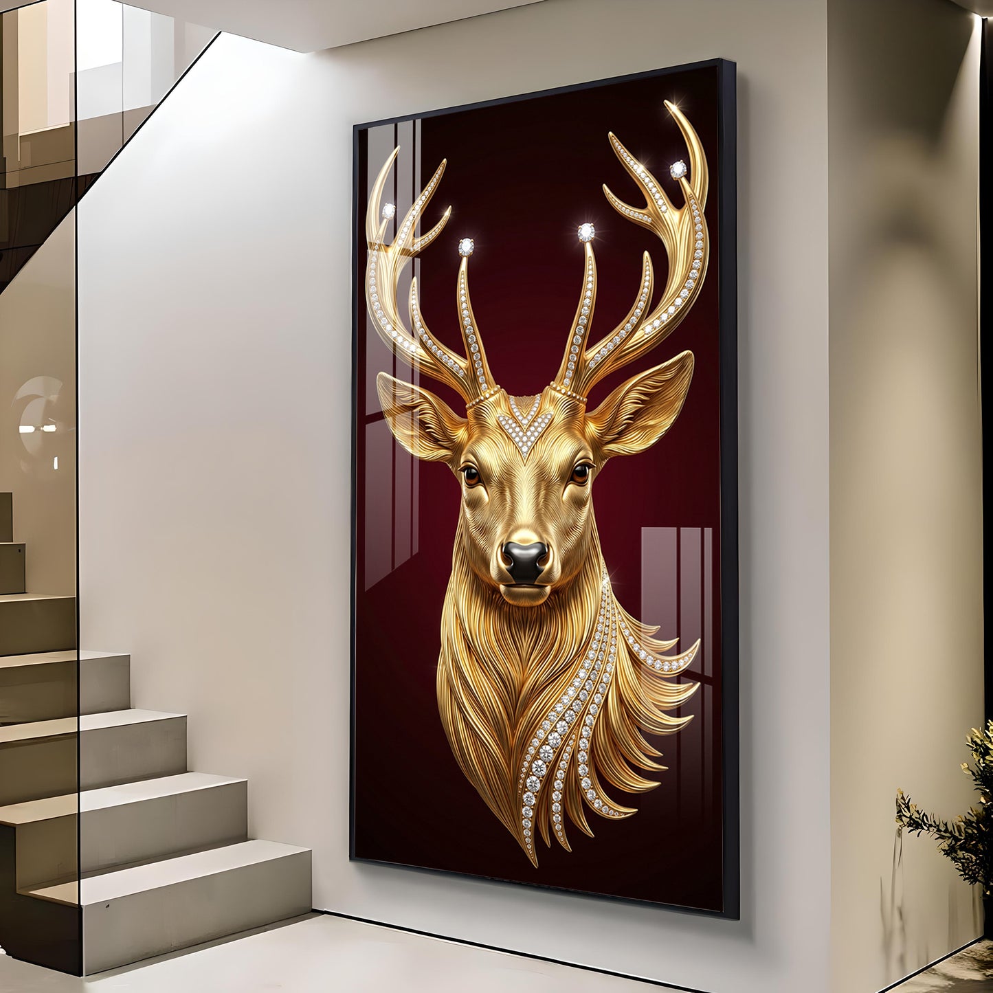 Golden Deer Head Glass Finish Vertical Wall Art