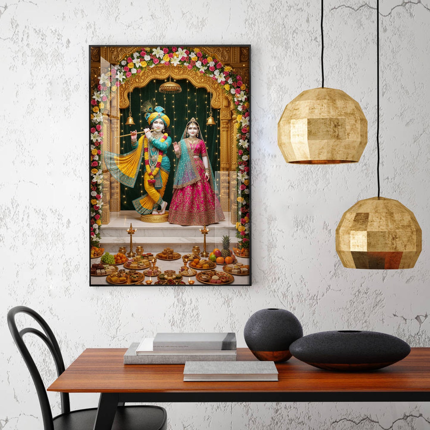 Lord Krishna and Radha Glass Finish Vertical Wall Art