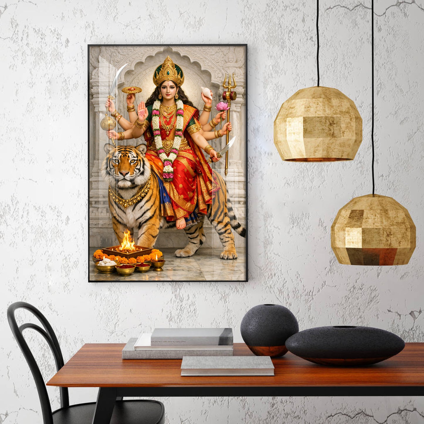 Maa Durga Seated On Tiger Glass Finish Vertical Wall Art