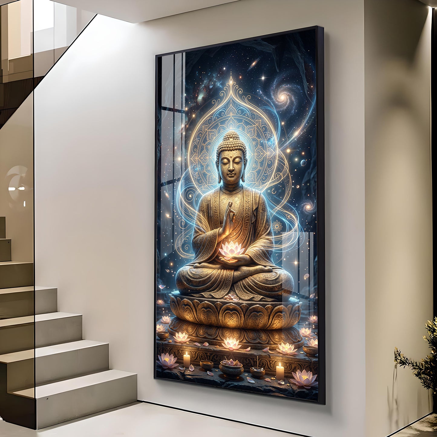 Meditating Buddha Glass Finish Vertical Wall Art