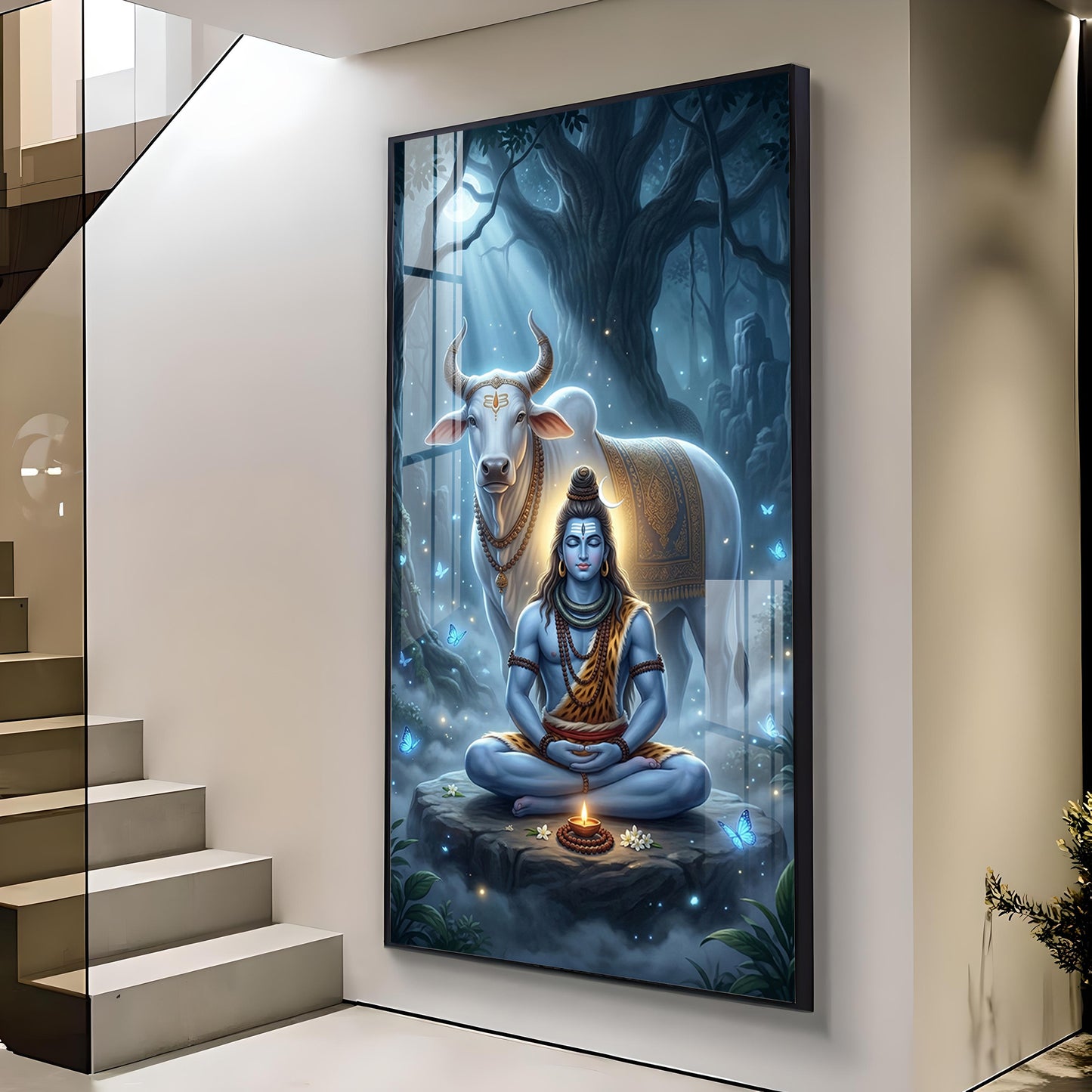 Meditating Lord Shiv With Nandi Glass Finish Vertical Wall Art