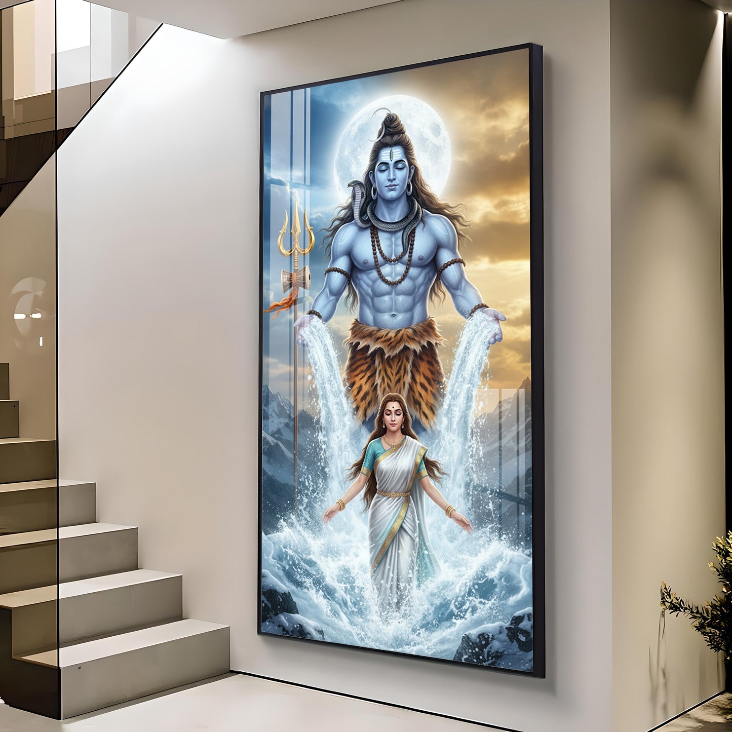 Shiv Parvati Glass Finish Vertical Wall Art
