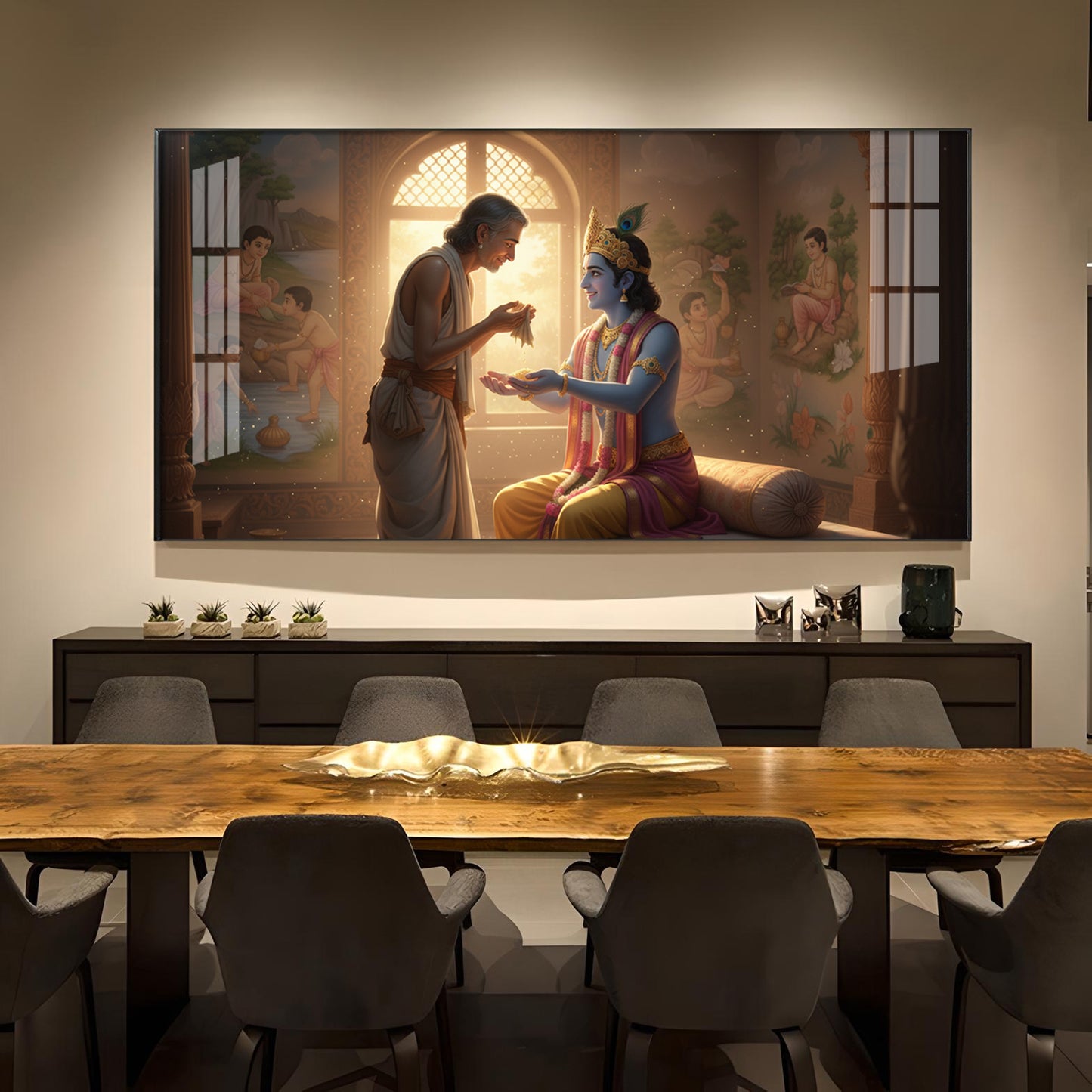 Shree Krishna With Sudama Ji Glass Finish Horizontal Wall Art
