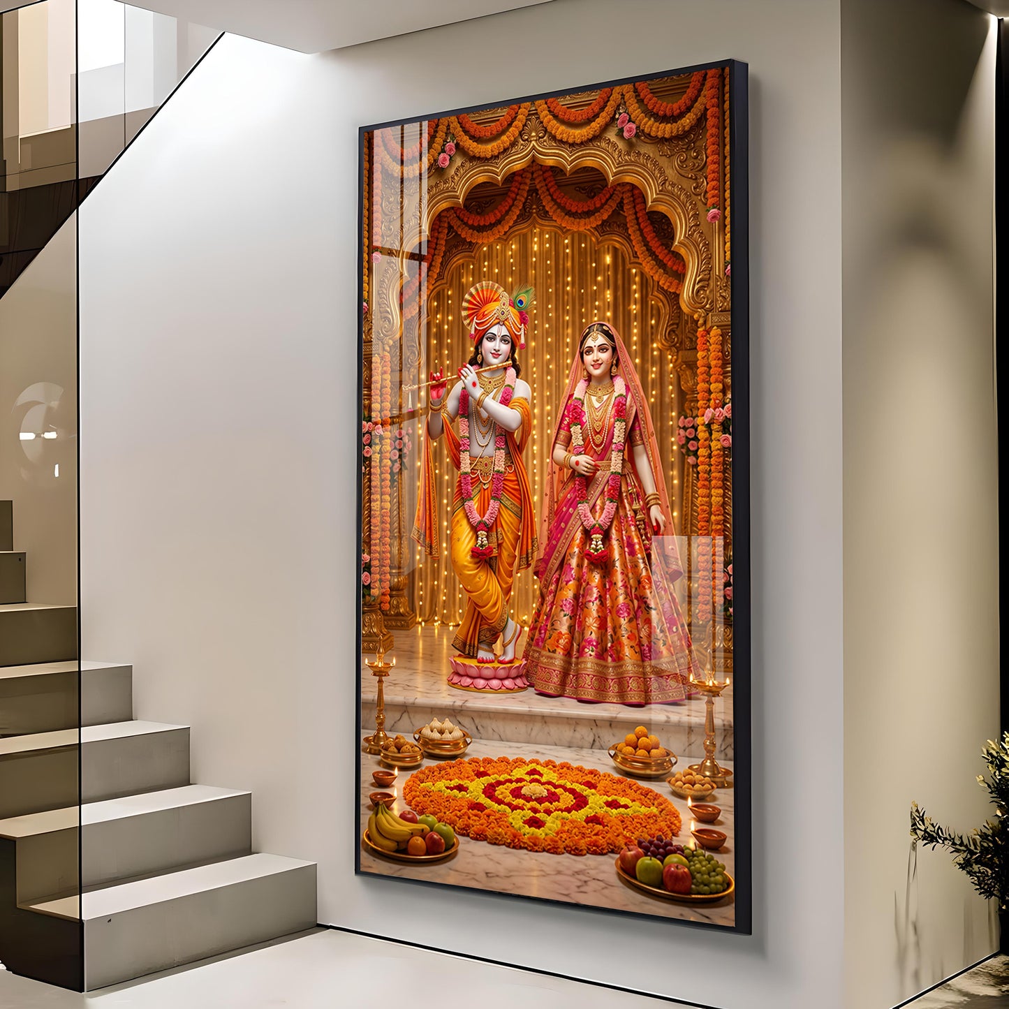 Decorative Radha Krishna Glass Finish Vertical Wall Art