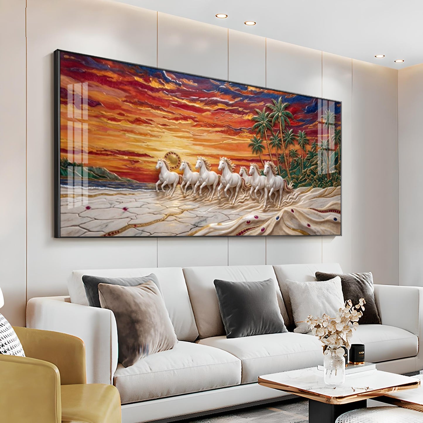 Seven Horses Vastu Glass Finish Horizontal Wall Art