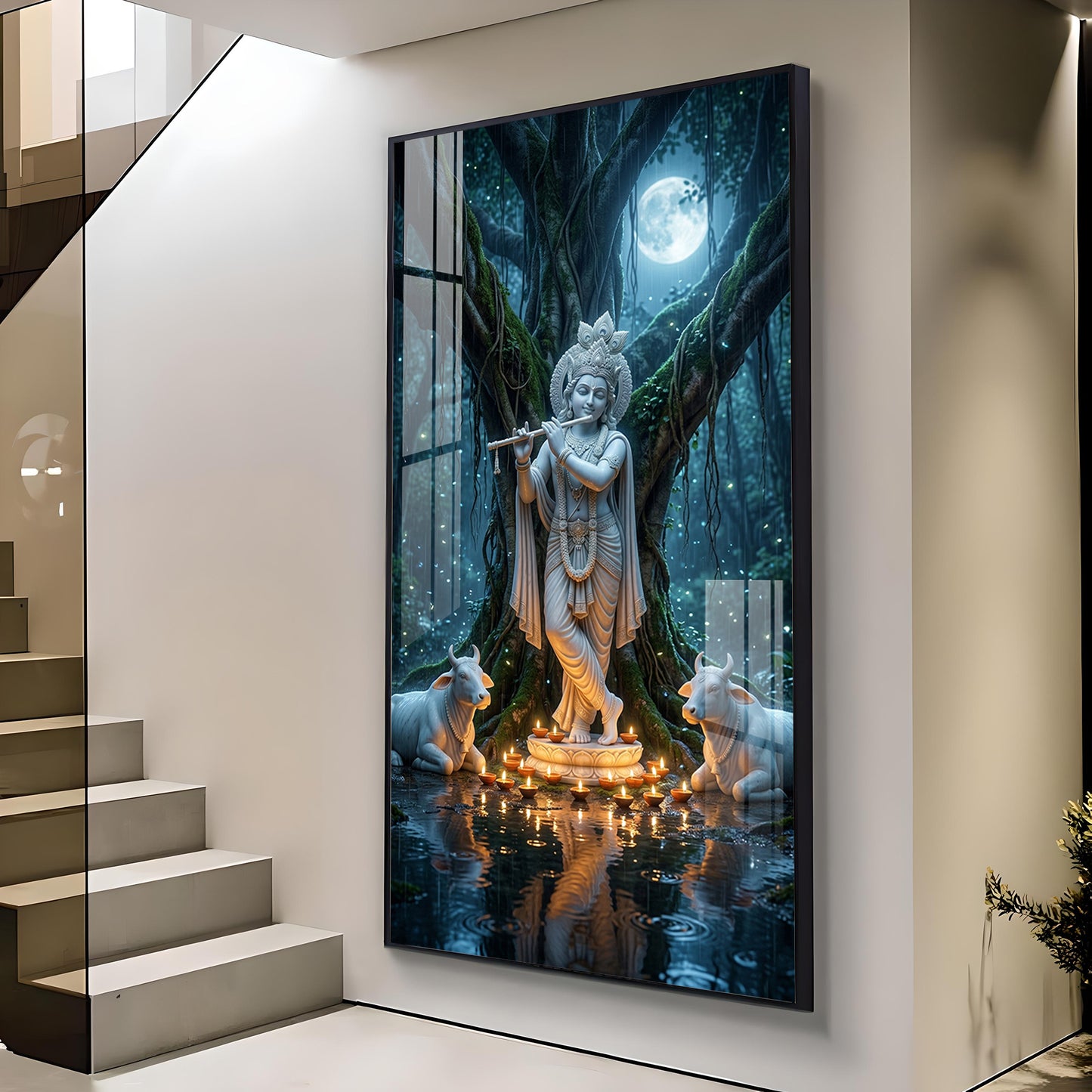God Shree Krishna Glass Finish Vertical Wall Art