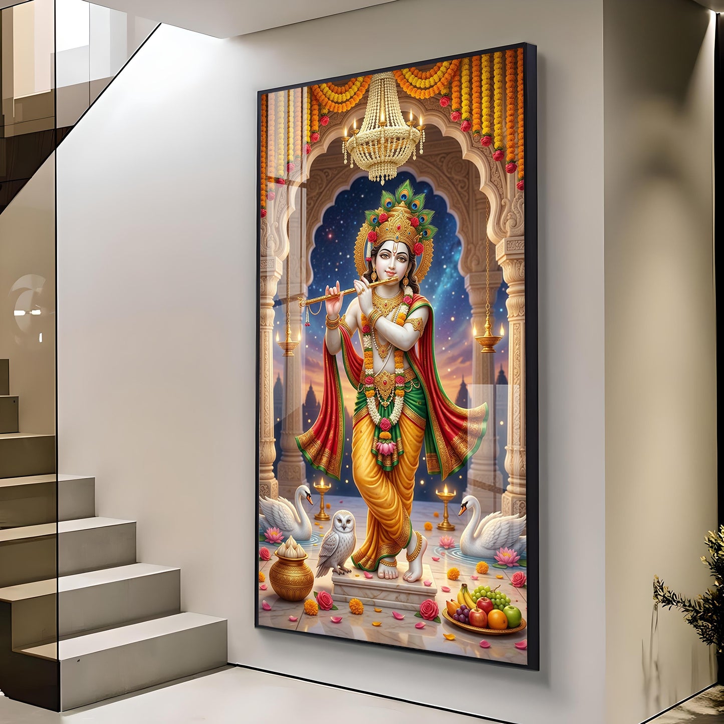 Divine Krishna With Flute Glass Finish Vertical Wall Art