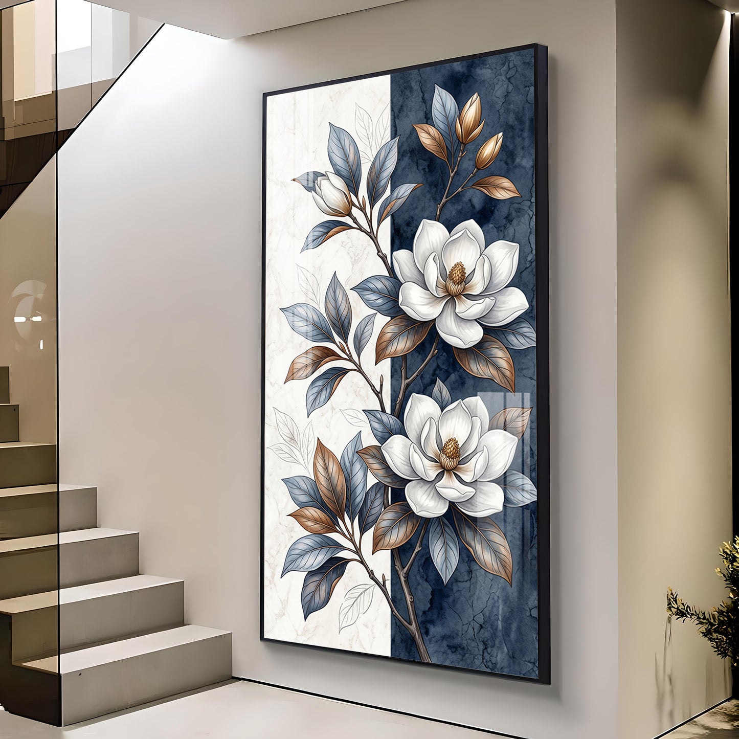White & Blue Magnolias Flowers Glass Finish Vertical Wall Art