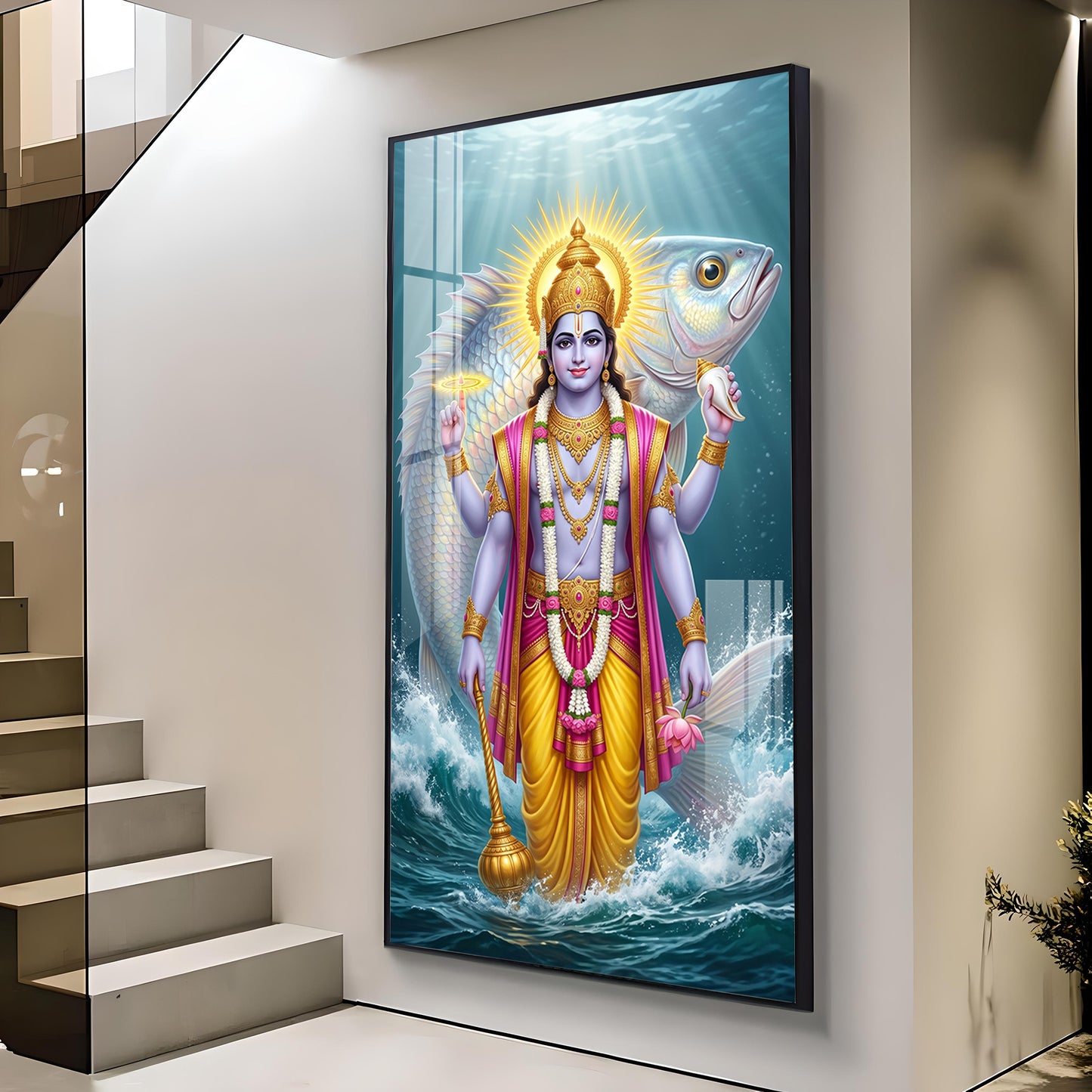 Lord Vishnu With Matsya Avatar Glass Finish Vertical Wall Art