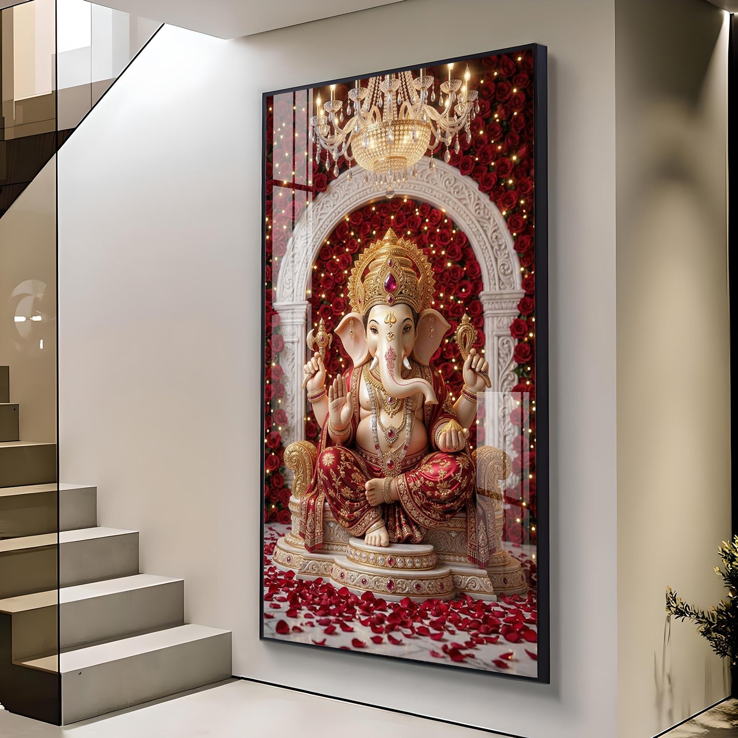 Divine Shree Ganesh Glass Finish Vertical Wall Art