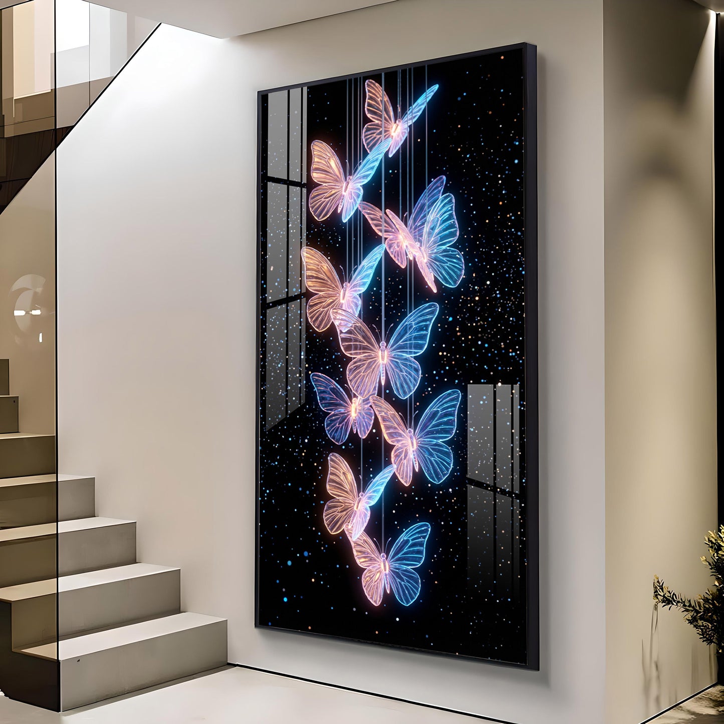 Blue & Pink Glowing Butterflies Glass Finish Vertical Wall Art