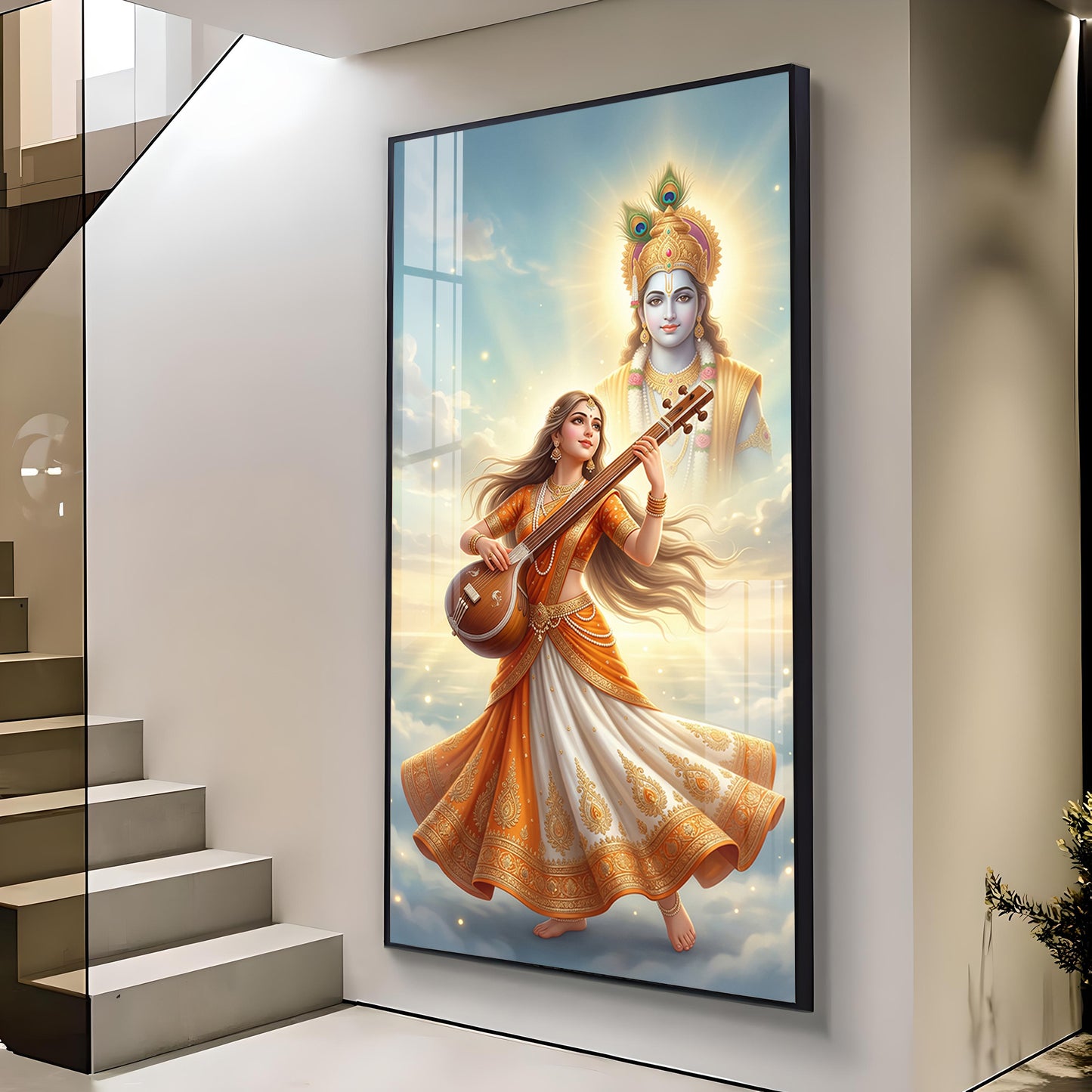 Divine Meera Bai with krishna Glass Finish Vertical Wall Art